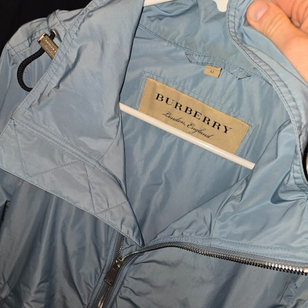 Burberry Light Blue Hooded Jacket, Size 52, 100% Polyester